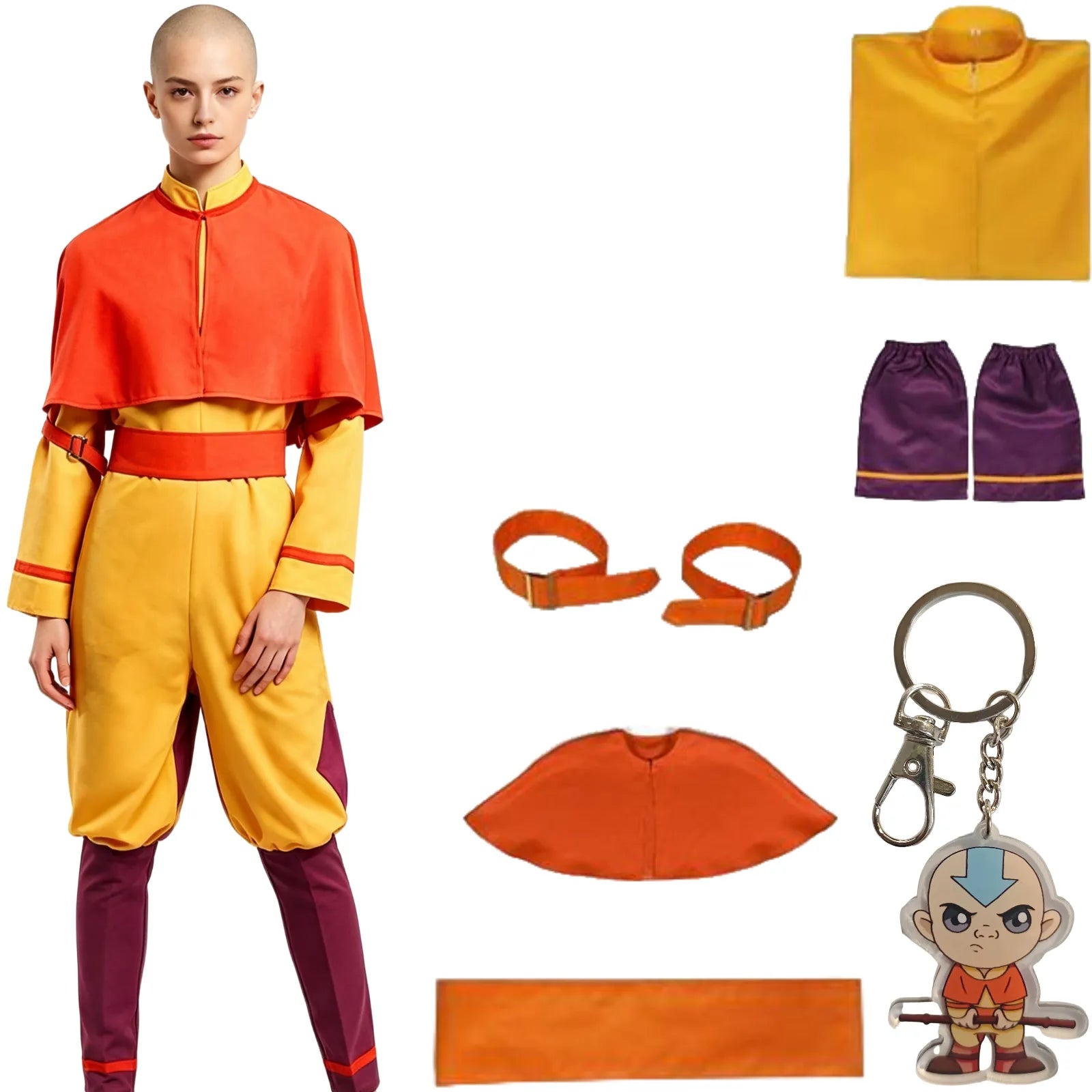 young bald north american female model wearing aang cosplay costume front view with matched accessories display