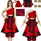 female model wearing katara fire nation cosplay costume front view with complete matching accessories display