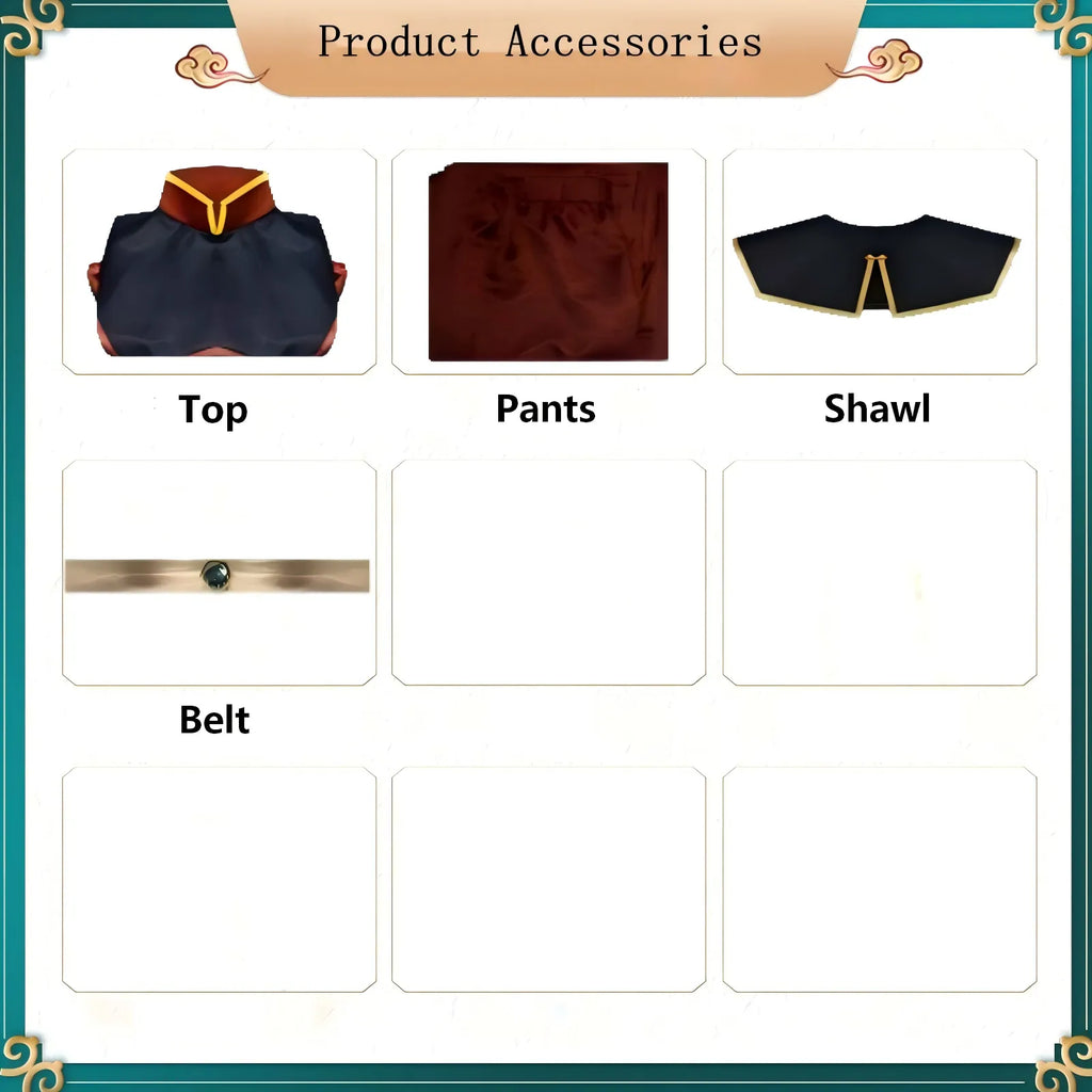 azula cosplay costume accessories display, top, pants, shawl, belt, avatar the last airbender outfit components