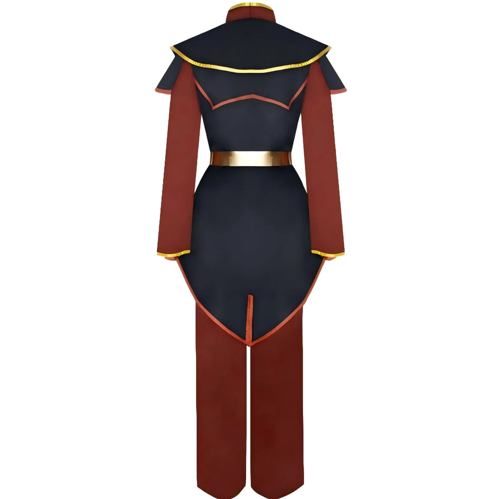 azula cosplay costume back view, avatar the last airbender azula uniform, black and red outfit, white background