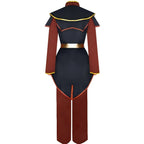 azula cosplay costume back view, avatar the last airbender azula uniform, black and red outfit, white background