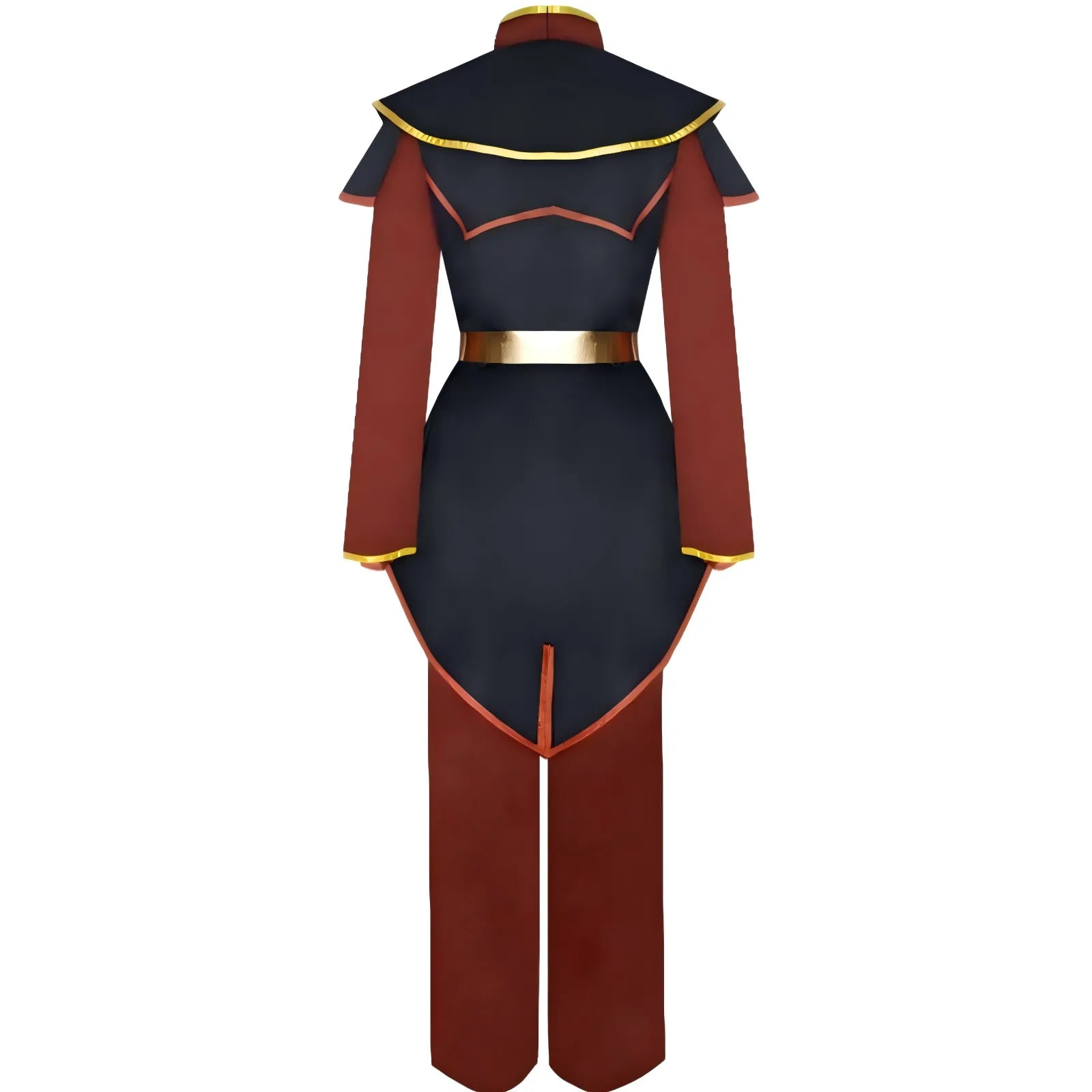 azula cosplay costume back view, avatar the last airbender azula uniform, black and red outfit, white background