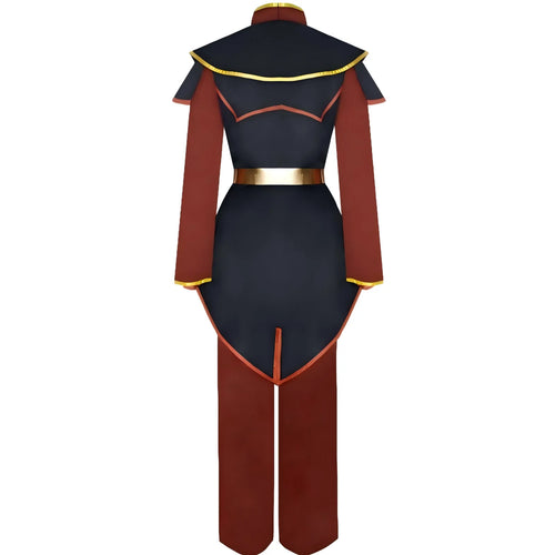 azula cosplay costume back view, avatar the last airbender azula uniform, black and red outfit, white background