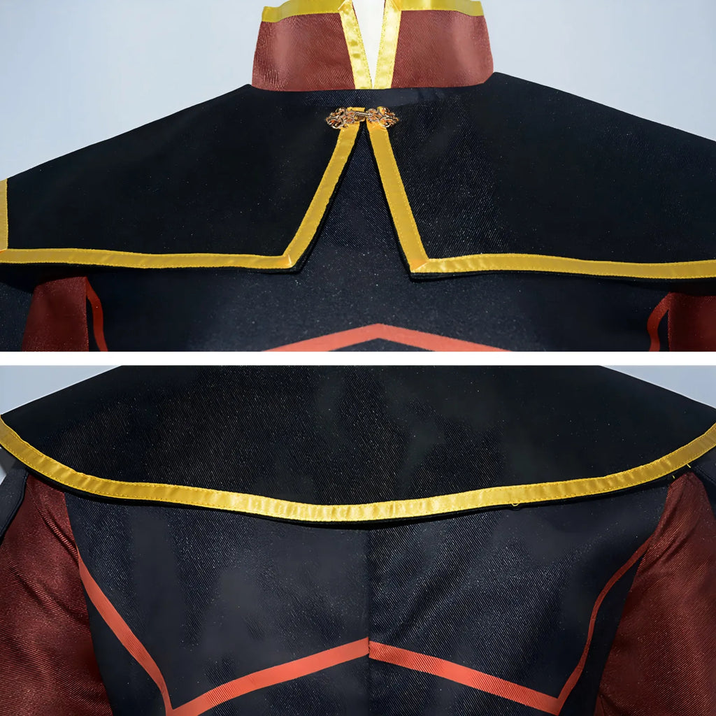 close-up of azula cosplay costume collar, gold piping decoration, avatar the last airbender outfit fabric detail