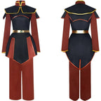 azula cosplay costume front and back display, avatar the last airbender full outfit, black red uniform with gold trim