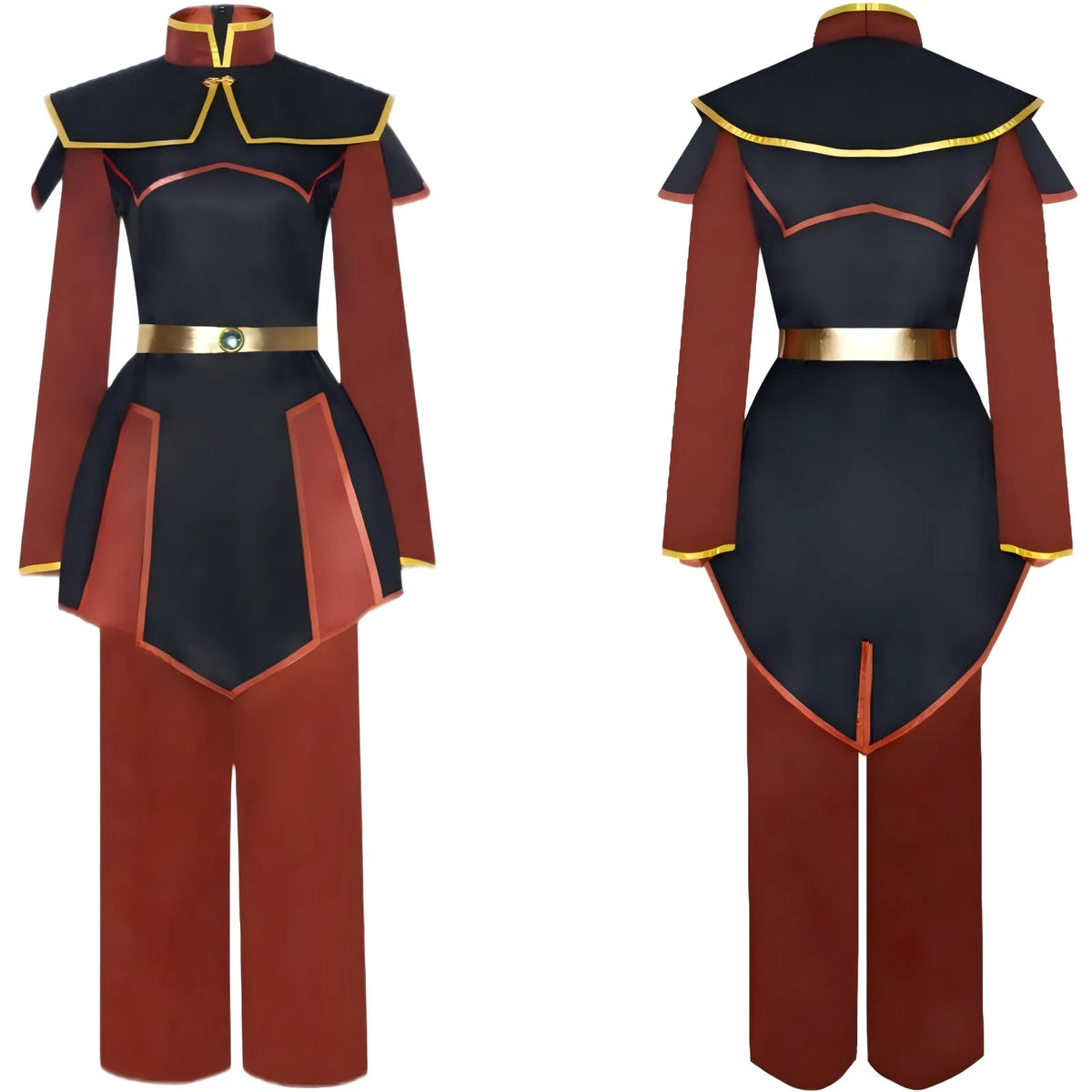 azula cosplay costume front and back display, avatar the last airbender full outfit, black red uniform with gold trim