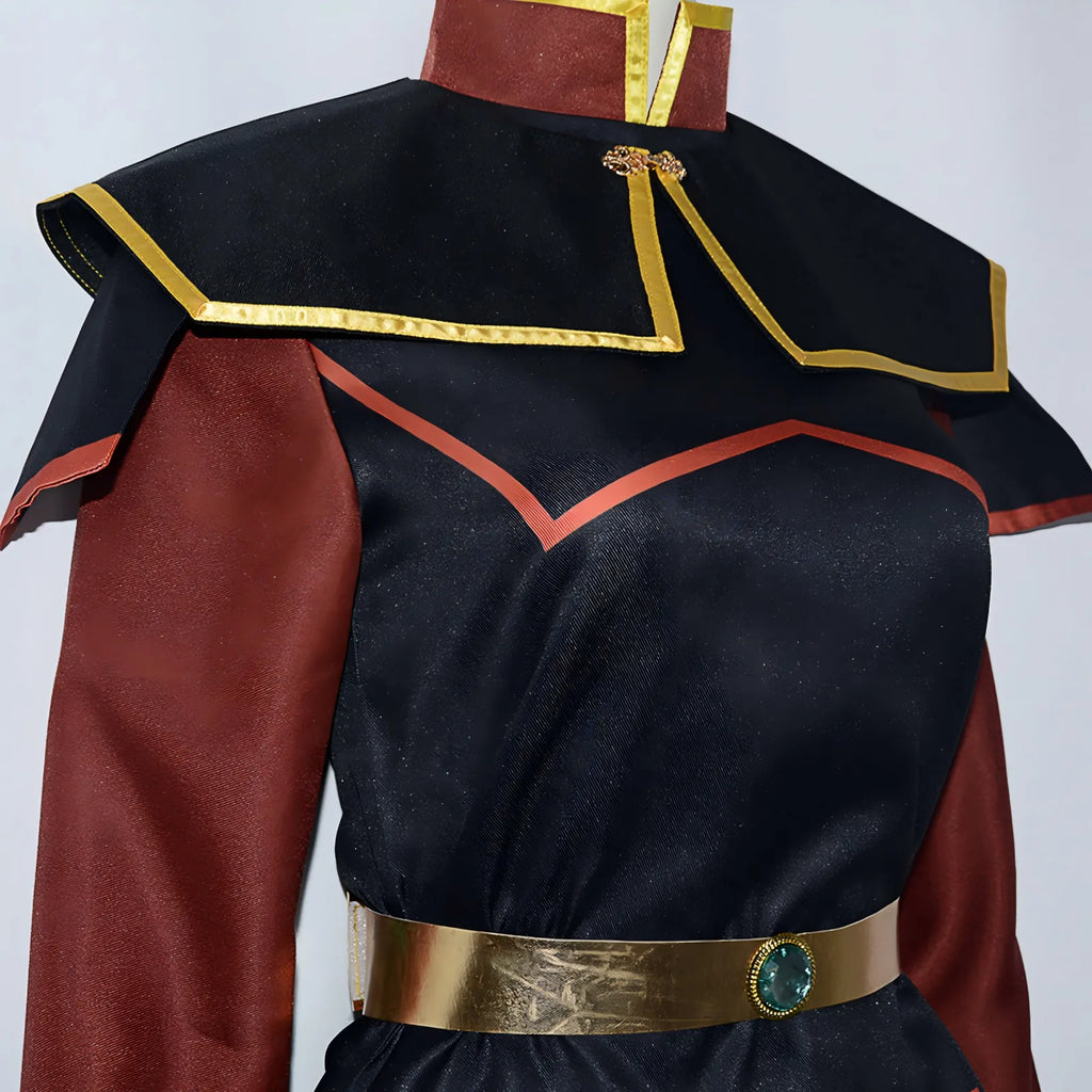 close-up shot azula cosplay costume shoulder and waist belt, green gem belt, avatar the last airbender uniform details