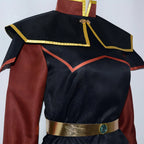 close-up shot azula cosplay costume shoulder and waist belt, green gem belt, avatar the last airbender uniform details