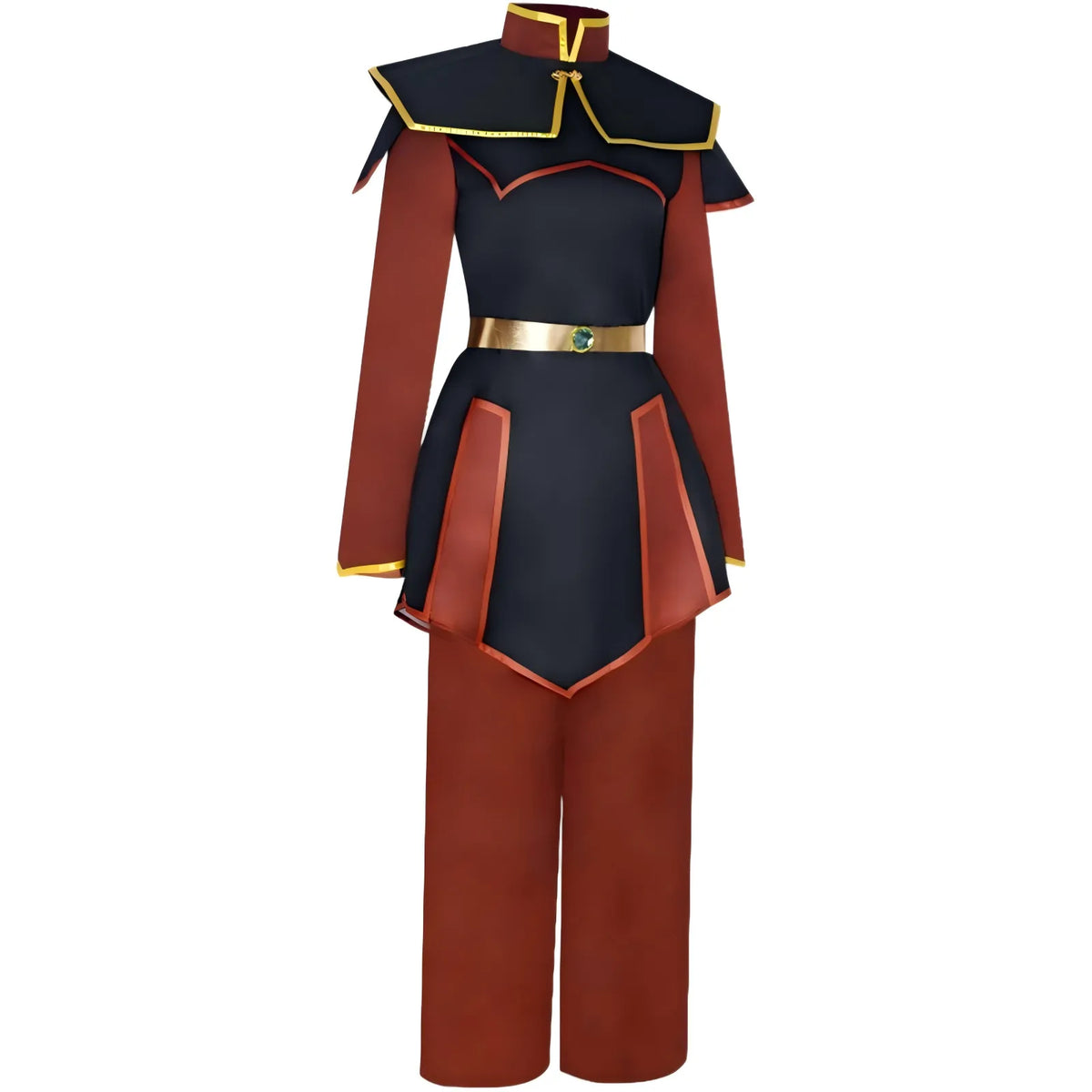 azula cosplay costume side view, avatar the last airbender cosplay uniform, complete set, white seamless background