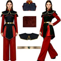 north american female model wearing azula cosplay costume, avatar the last airbender outfit, front and side view, separate accessories display, white background