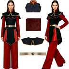 north american female model wearing azula cosplay costume, avatar the last airbender outfit, front and side view, separate accessories display, white background