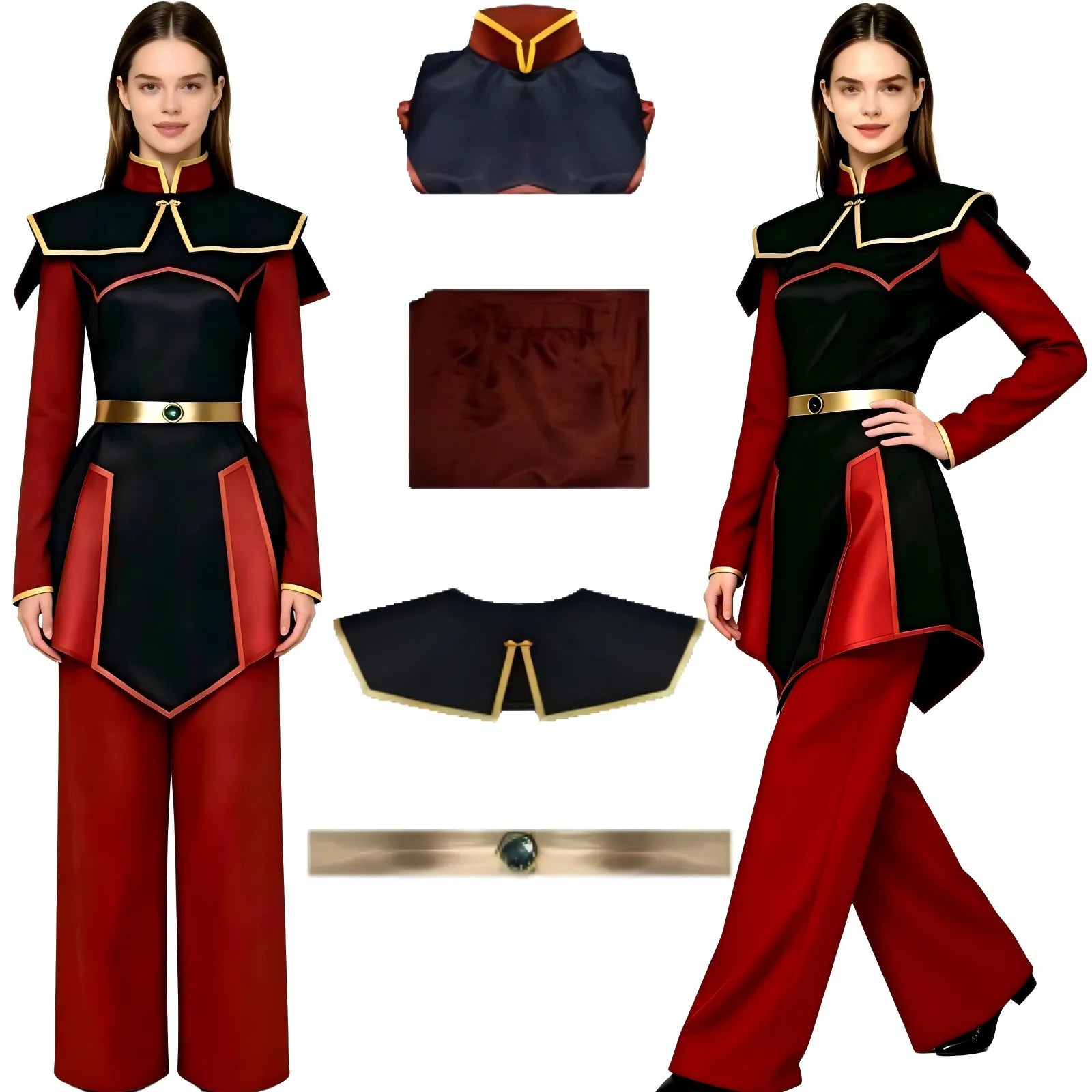 north american female model wearing azula cosplay costume, avatar the last airbender outfit, front and side view, separate accessories display, white background