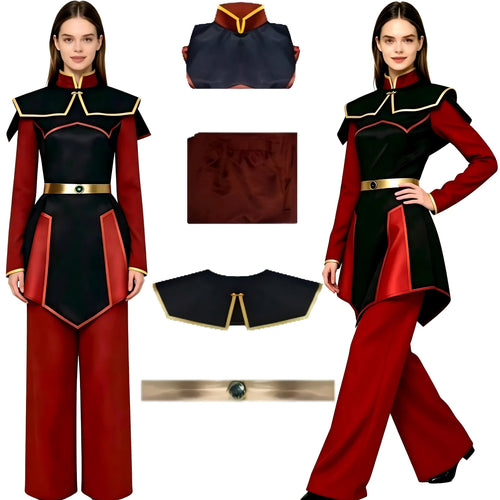 north american female model wearing azula cosplay costume, avatar the last airbender outfit, front and side view, separate accessories display, white background