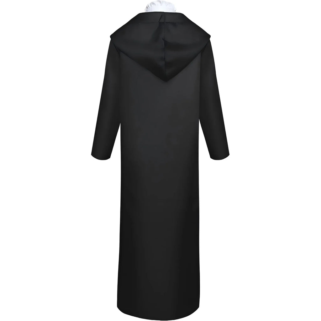 back side shot fern frieren cosplay black hooded floor-length outer robe
