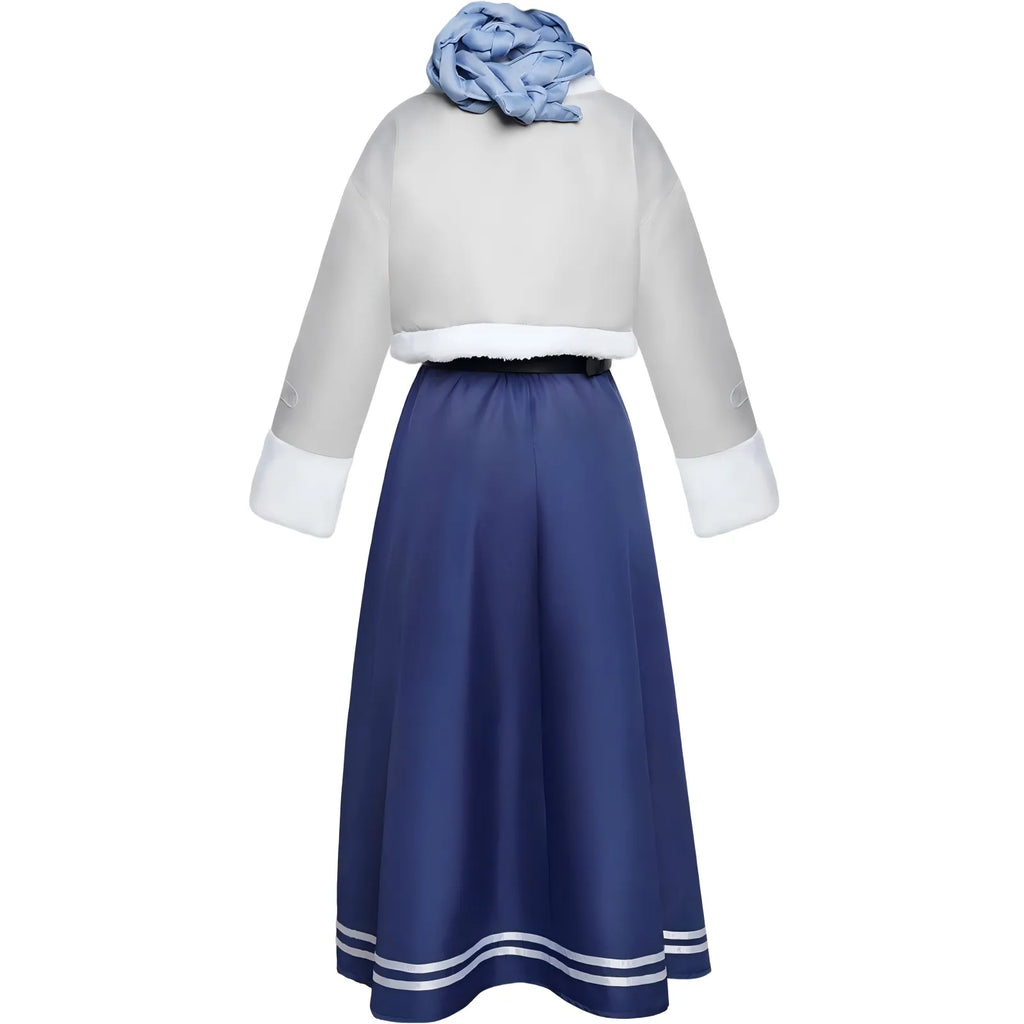 back side fern frieren cosplay blue long dress gray fleece edge short coat with braided scarf