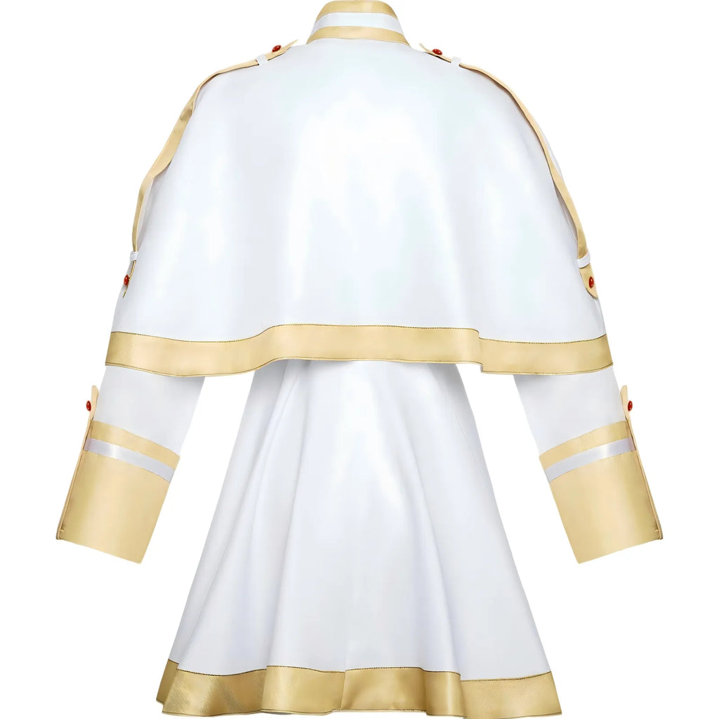 back view frieren cosplay white cape gold trim long sleeve white dress