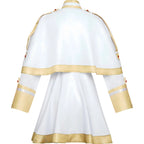 back view frieren cosplay white cape gold trim long sleeve white dress