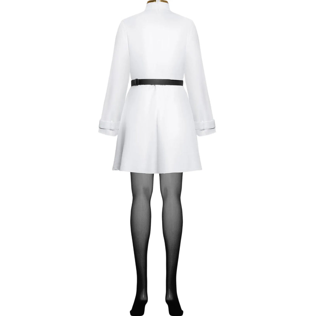 back view frieren cosplay white long sleeve dress black waist belt back zipper design