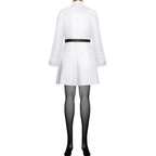 back view frieren cosplay white long sleeve dress black waist belt back zipper design