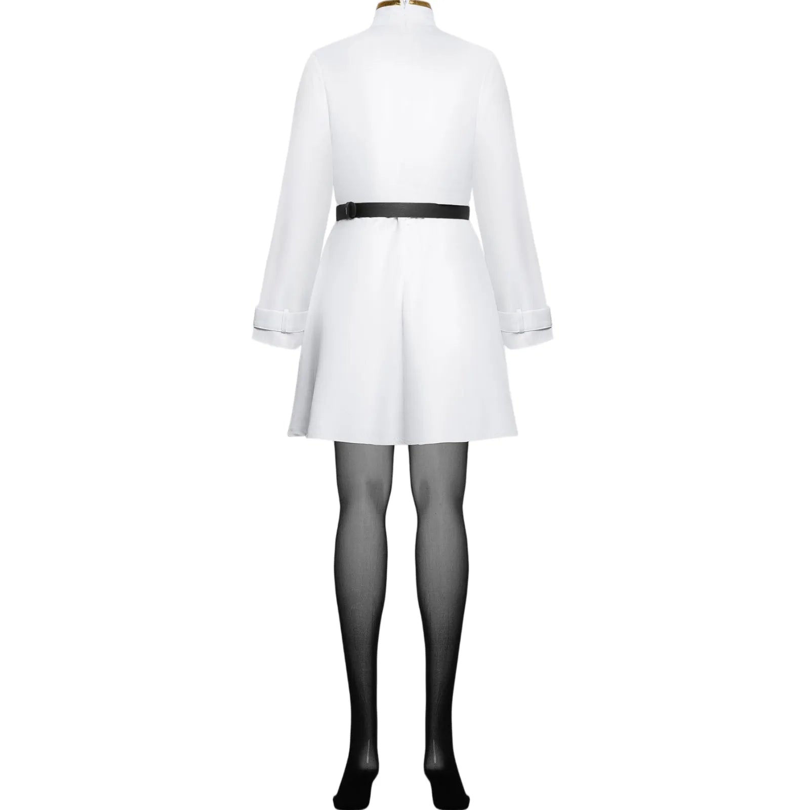 back view frieren cosplay white long sleeve dress black waist belt back zipper design