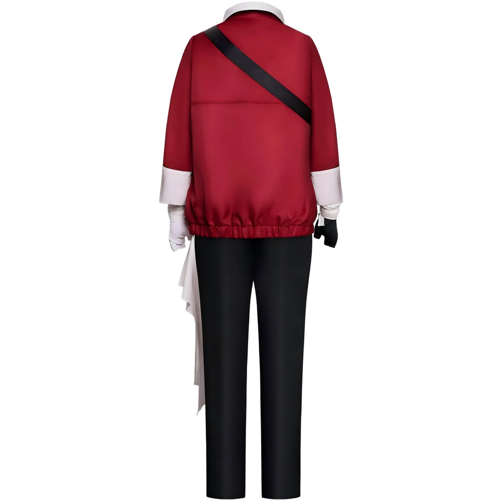 back view stark frieren cosplay red coat black cross shoulder strap trousers