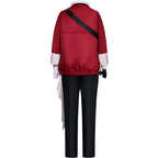 back view stark frieren cosplay red coat black cross shoulder strap trousers