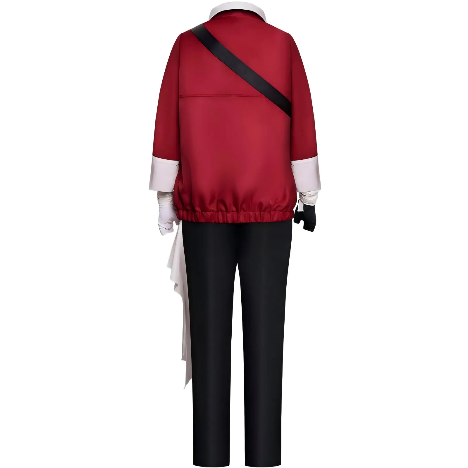back view stark frieren cosplay red coat black cross shoulder strap trousers
