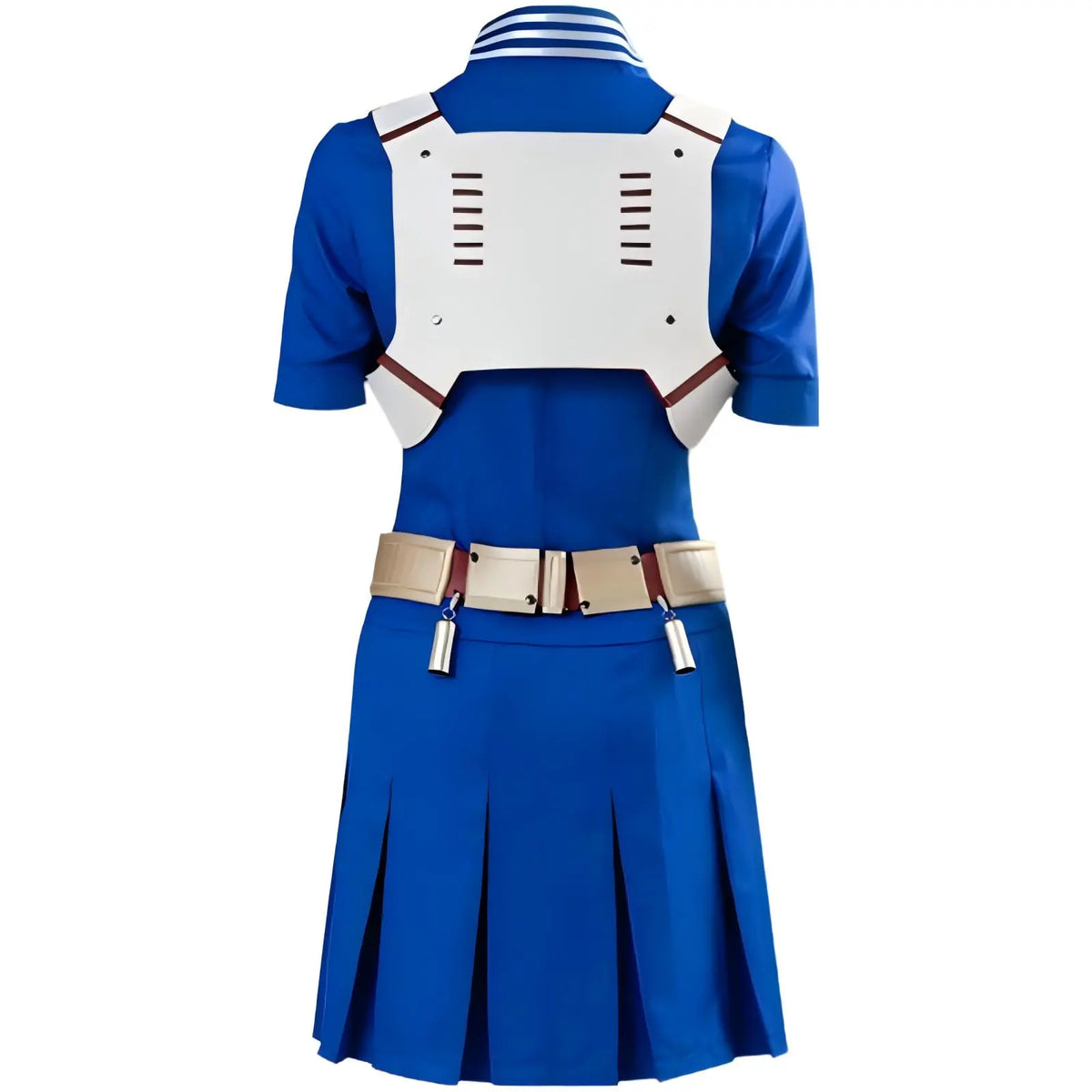back shot female shoto todoroki cos blue pleated dress white vented back armor beige utility belt