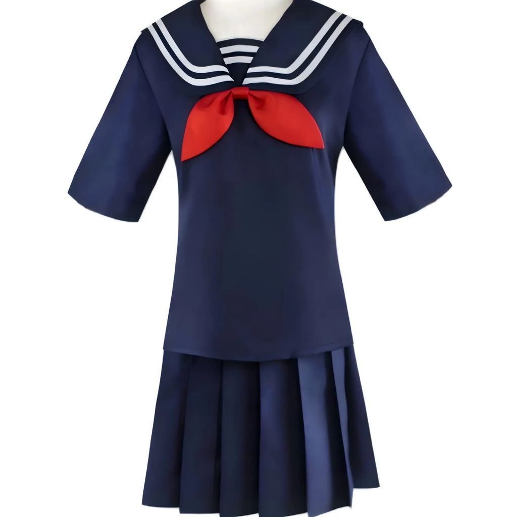 simple himiko toga cos navy short sleeve sailor top pleated skirt red neck bow