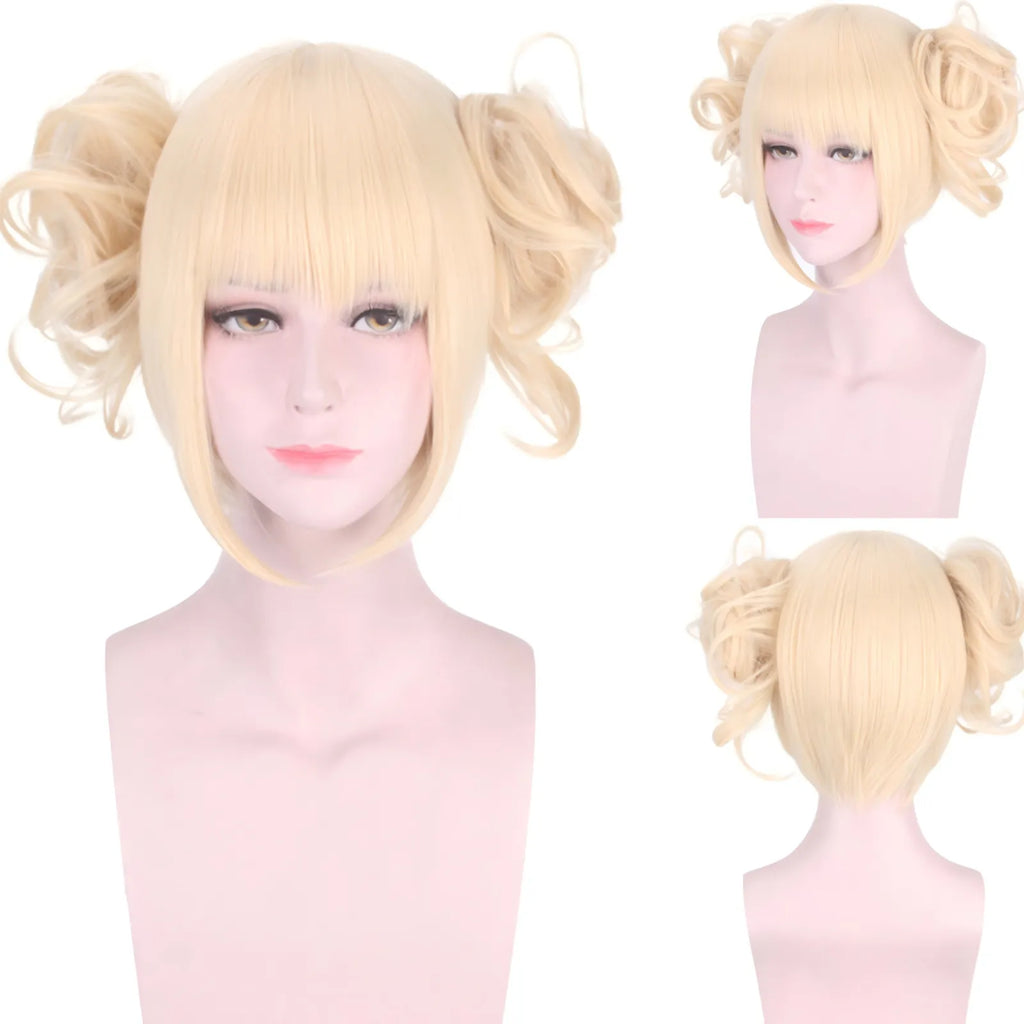 light blonde two curly bun short wig front side back for himiko toga my hero academia cos