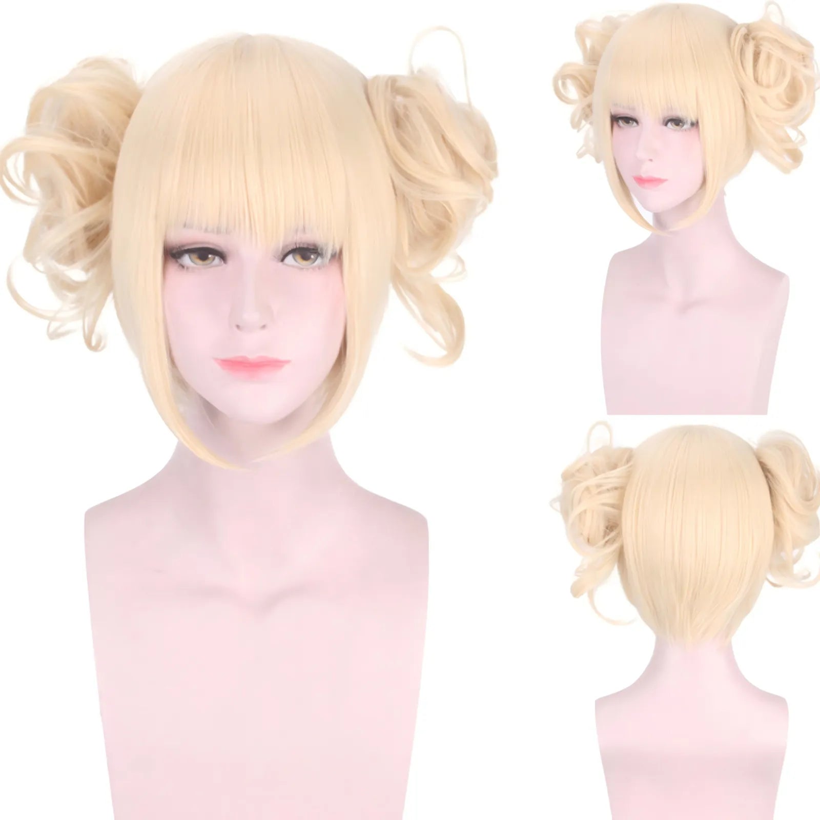 light blonde two curly bun short wig front side back for himiko toga my hero academia cos