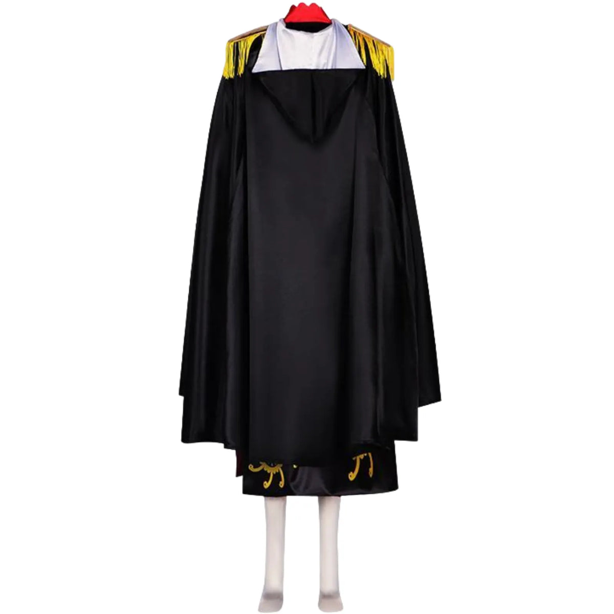 back view of boa hancock cosplay black cape with gold shoulder tassels, mannequin display, black long dress underneath