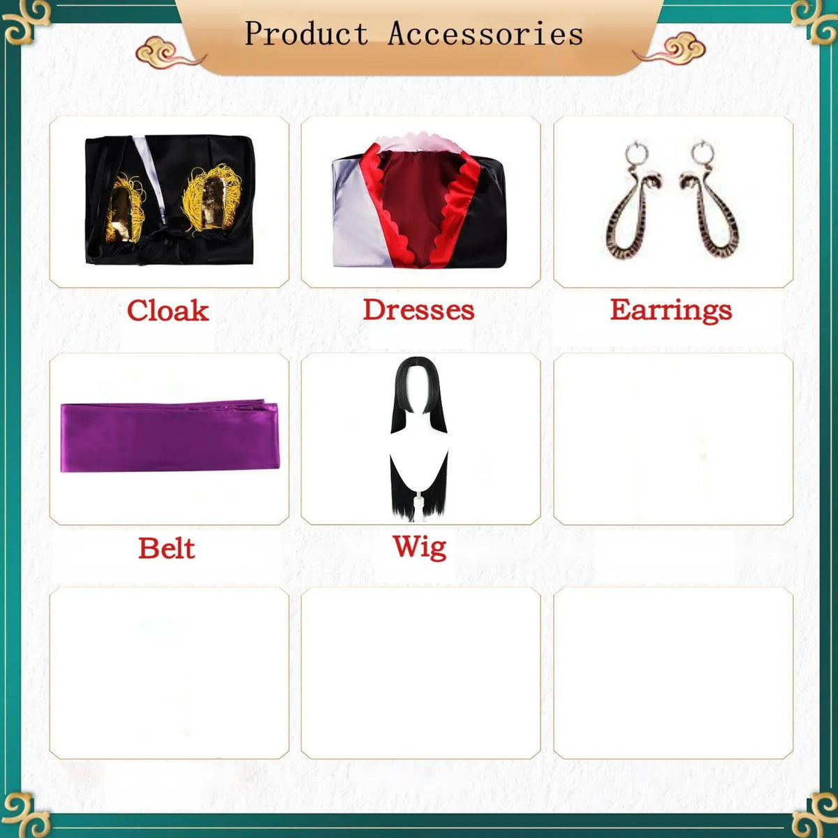 boa hancock cosplay accessories display, cloak, dress, snake earrings, purple belt, black wig, product parts table