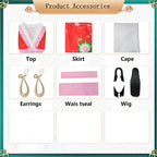 boa hancock cosplay accessories display, top, skirt, cape, snake earrings, pink waist sash, black wig, product parts table