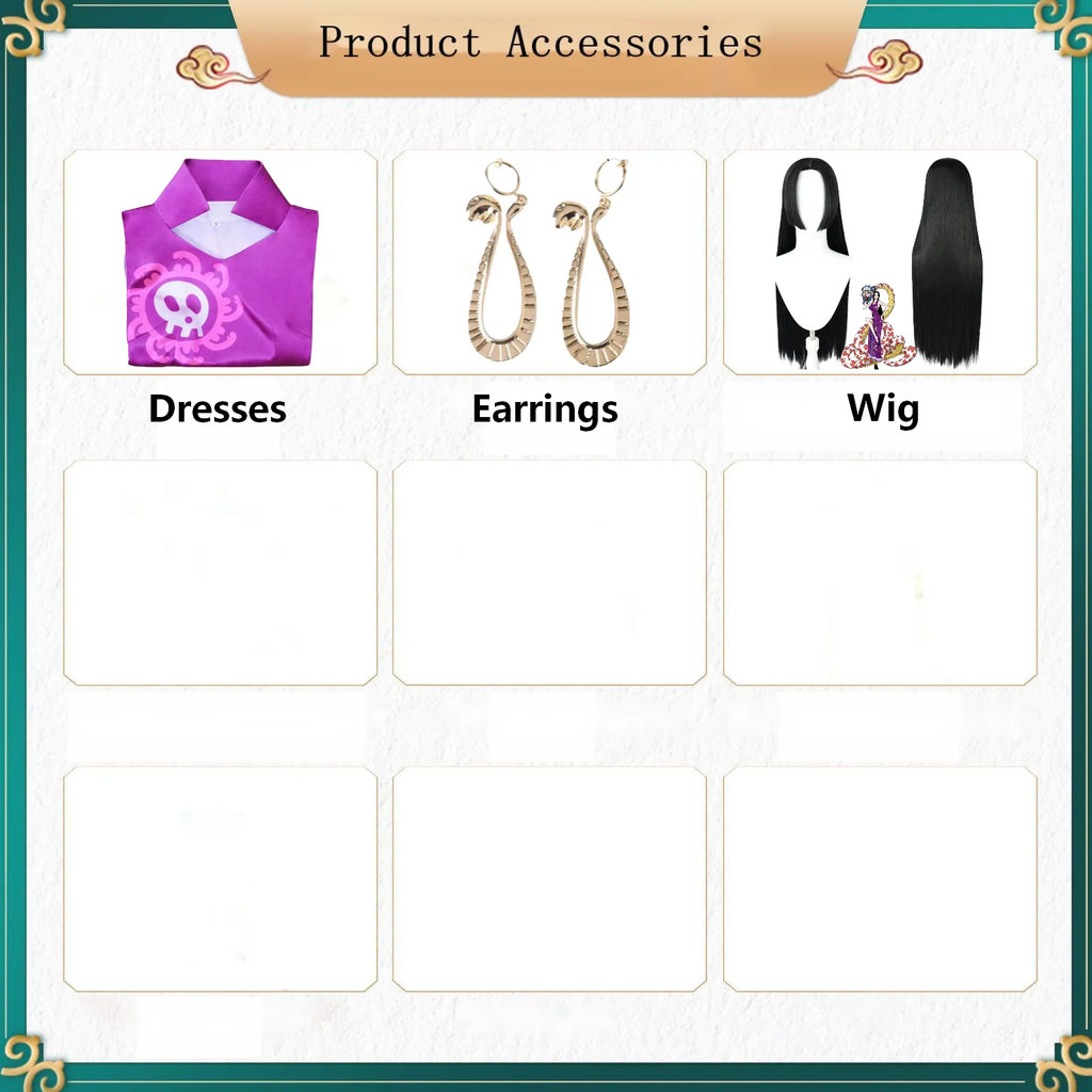 boa hancock cosplay accessories chart, purple qipao dress, gold earrings, black long wig, product parts display