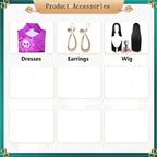 boa hancock cosplay accessories chart, purple qipao dress, gold earrings, black long wig, product parts display