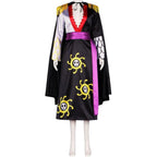 angled front shot of boa hancock cosplay on mannequin, black cape, long slit dress with gold sun skull print, purple waist sash