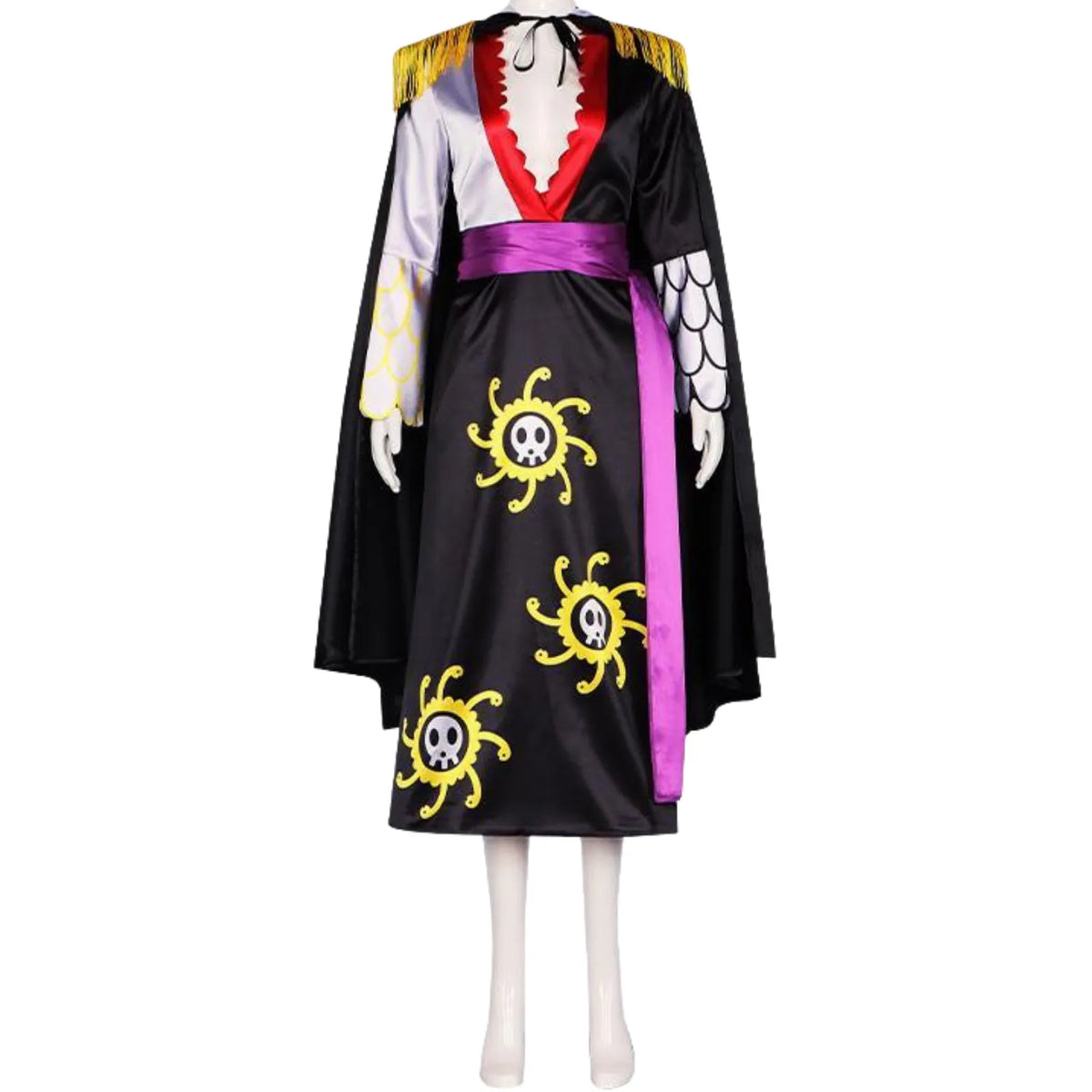 angled front shot of boa hancock cosplay on mannequin, black cape, long slit dress with gold sun skull print, purple waist sash