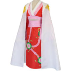 angled side view boa hancock cosplay outfit on mannequin, white cape with gold shoulder tassels, red floral print long skirt
