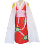 full front shot of boa hancock cosplay on mannequin, white cape, red printed long skirt, pink crop top and waist sash