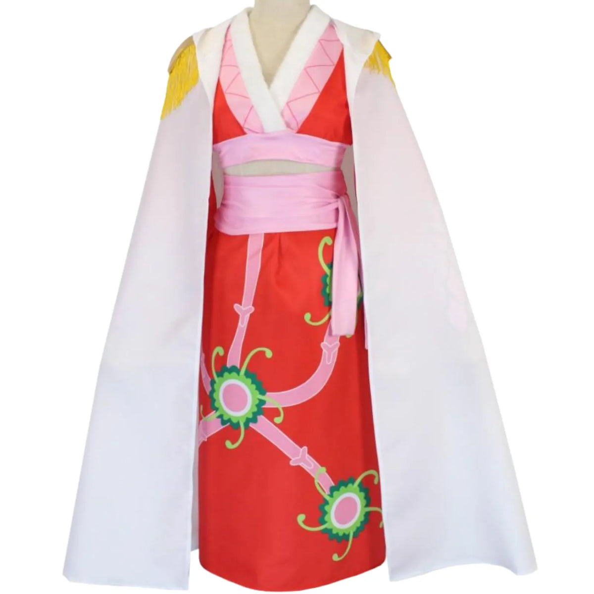 full front shot of boa hancock cosplay on mannequin, white cape, red printed long skirt, pink crop top and waist sash