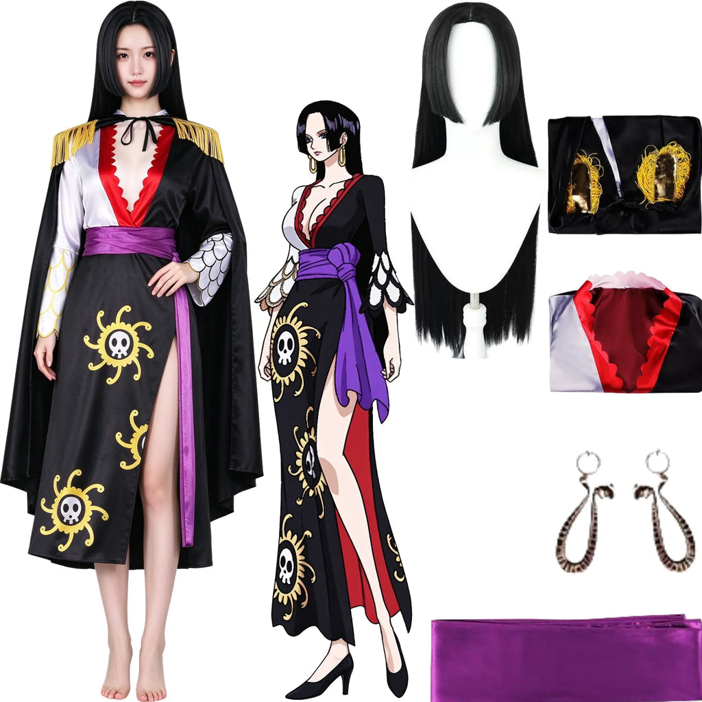 boa hancock cosplay full set, black cape, printed long dress, purple belt, snake earrings, black long wig, anime character illustration on white background