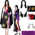 boa hancock cosplay full set, black cape, printed long dress, purple belt, snake earrings, black long wig, anime character illustration on white background