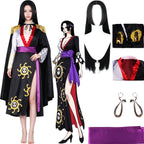 boa hancock cosplay full set, black cape, printed long dress, purple belt, snake earrings, black long wig, anime character illustration on white background