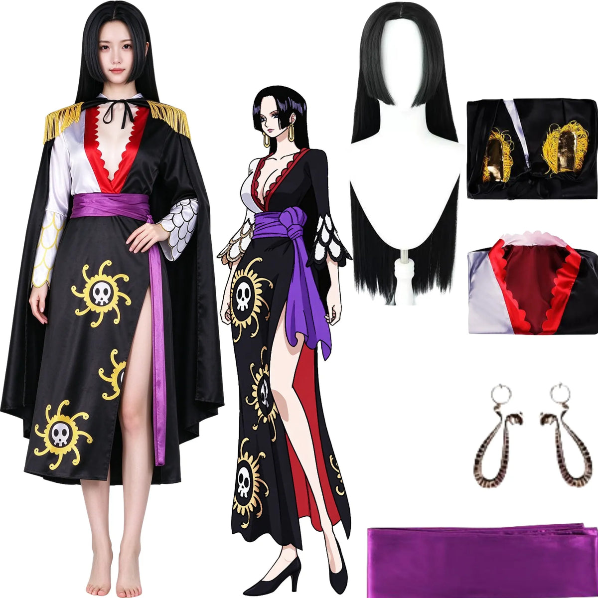 boa hancock cosplay full set, black cape, printed long dress, purple belt, snake earrings, black long wig, anime character illustration on white background
