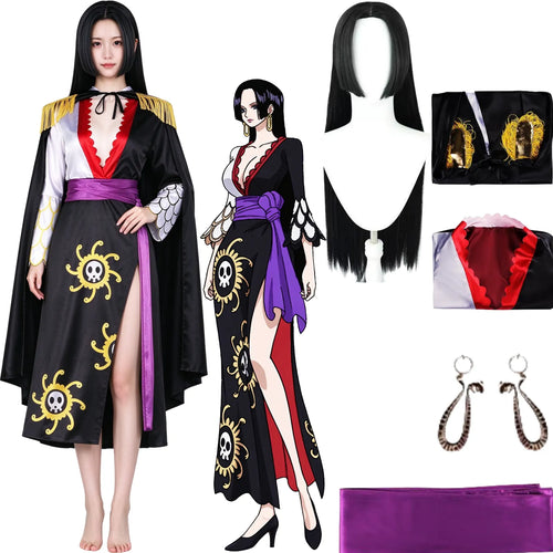 boa hancock cosplay full set, black cape, printed long dress, purple belt, snake earrings, black long wig, anime character illustration on white background