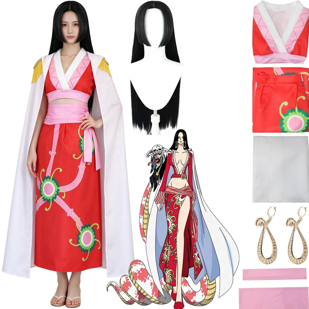 boa hancock cosplay full set, red skirt, pink top, white cape, snake earrings, long black wig, one piece anime character art on white background