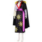 side view boa hancock cosplay outfit on mannequin, black cape, long high slit dress, gold skull patterns, purple sash