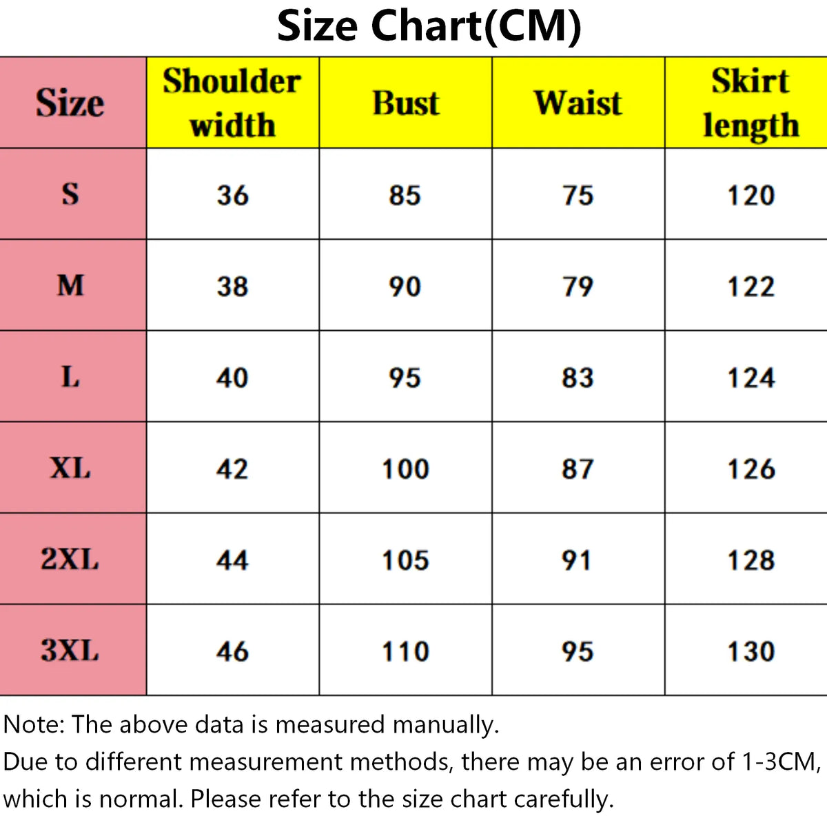 size chart for boa hancock cosplay costume, measurements in cm, size s to 3xl