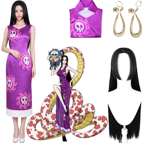 boa hancock cosplay set including purple skull qipao, gold earrings, black long wig, anime character art on white background